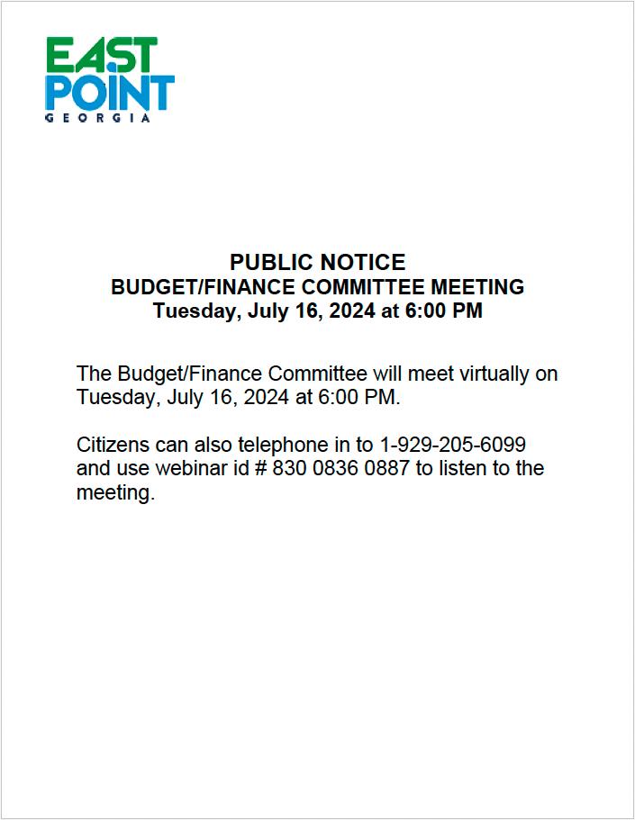 PUBLIC NOTICE: Budget/Finance Committee Meeting